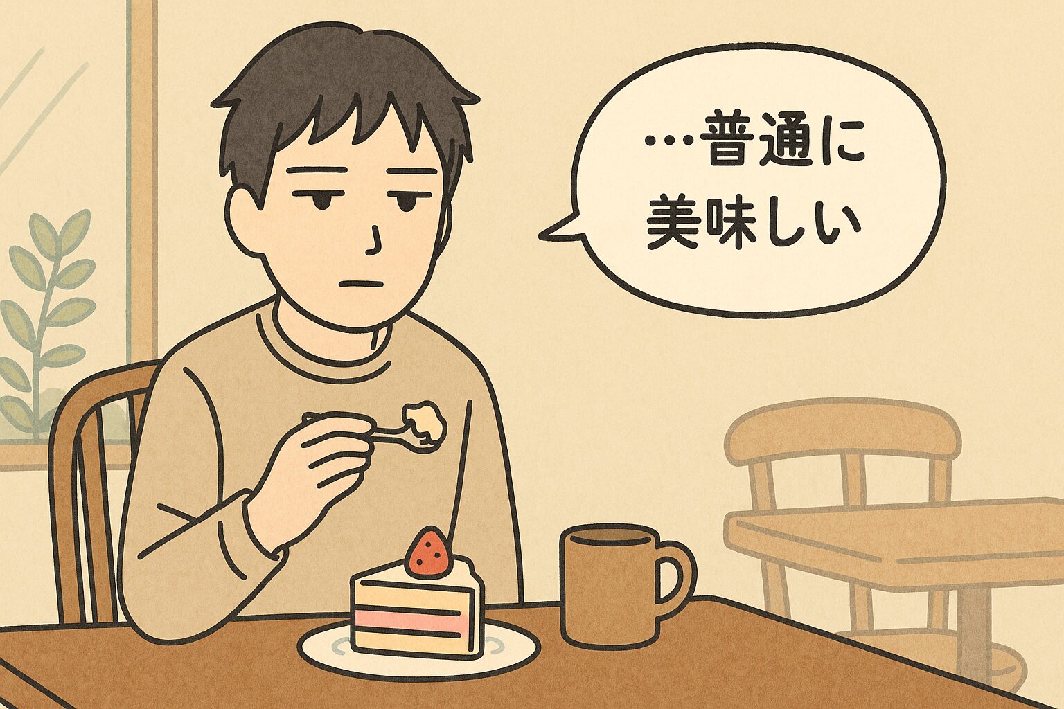 カフェのテーブルに座る人物（表情が死んでる）。 スイーツを一口食べて、吹き出しで「…普通に美味しい」と発言