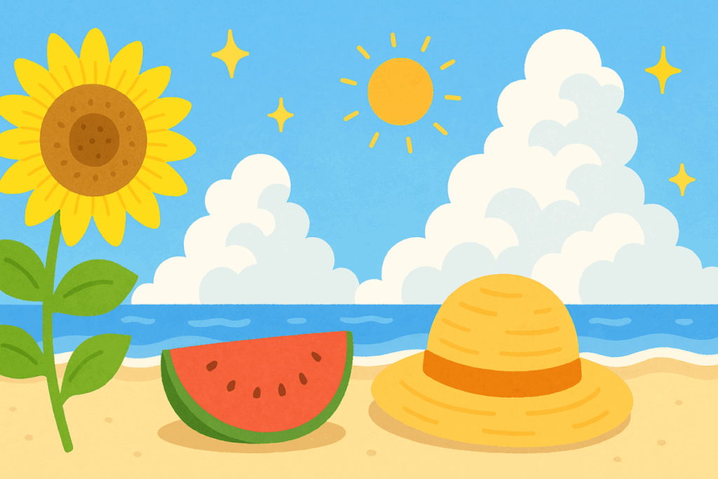 ひまわり、スイカ、麦わら帽子、海、入道雲。夏のイメージ図