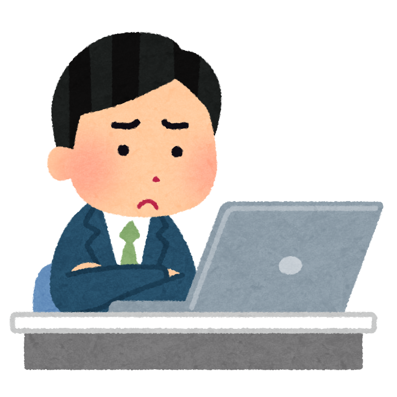 困った顔で働く会社員のイラスト(男性)